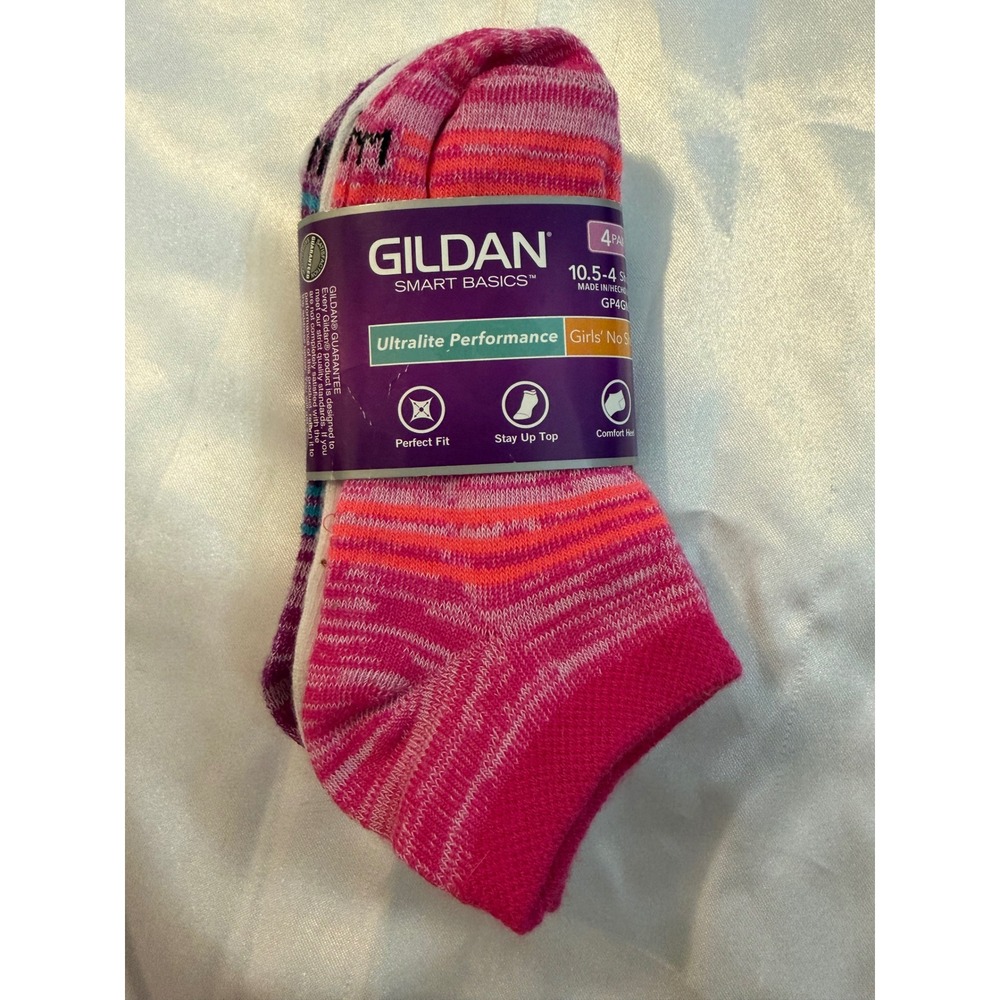 Gildan Smart Basics Girls No Show Socks 4 Pair Ultralite Performance Pink 10.5-4